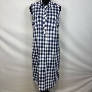 Appleseeds Navy Blue Gingham Checkered Sleeveless Linen Blend Medium Shift Dress